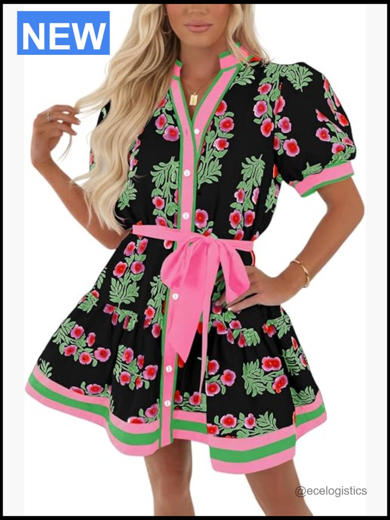 Women's Floral Puff Sleeve Mini Dress With Belt